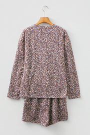 Leopard print ribbed loungewear set with long sleeves and shorts.