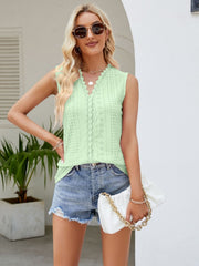 Light Green scalloped eyelet tank top with center lace detail and V-neck.