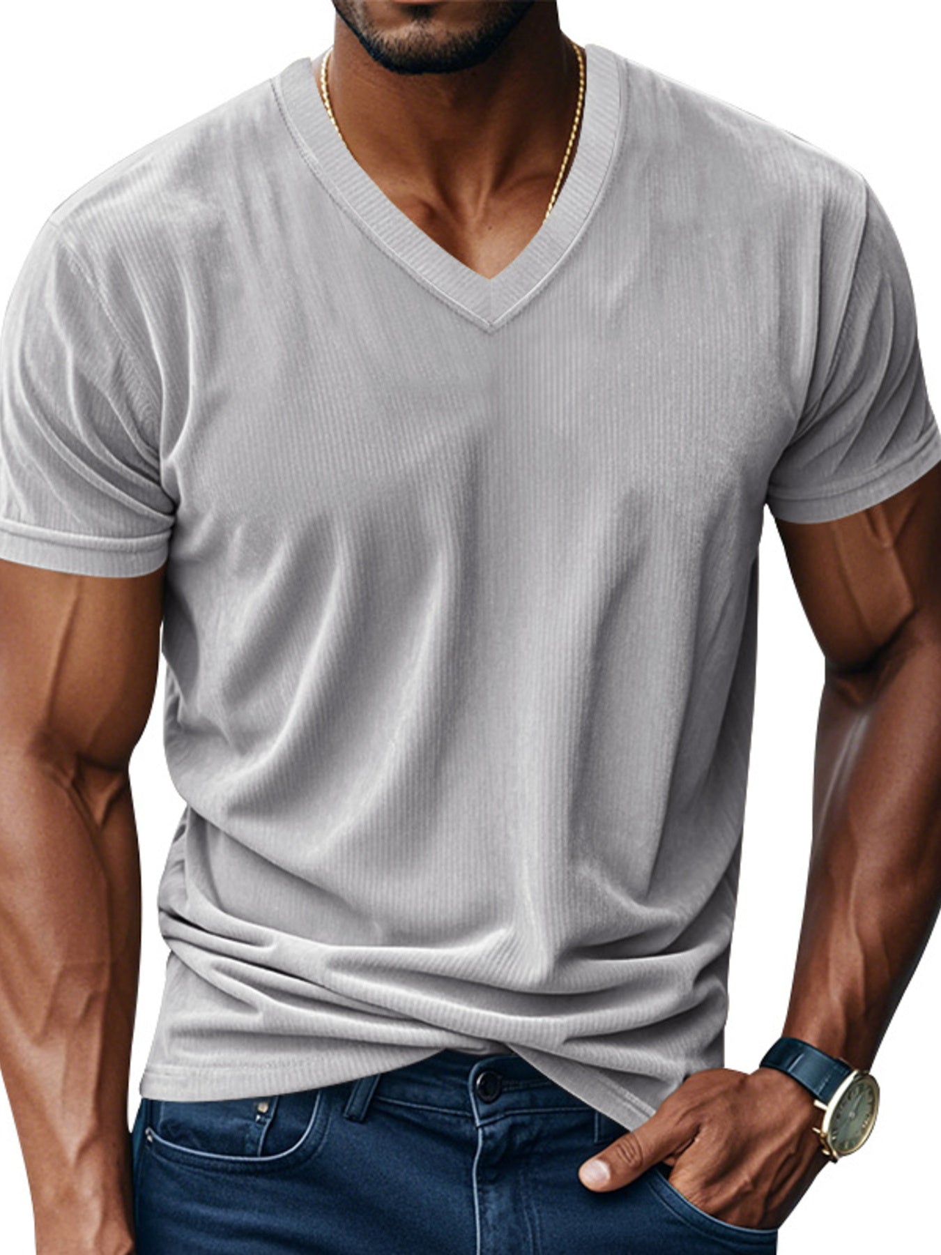Gray ribbed V-neck t-shirt with short sleeves and a casual fit.