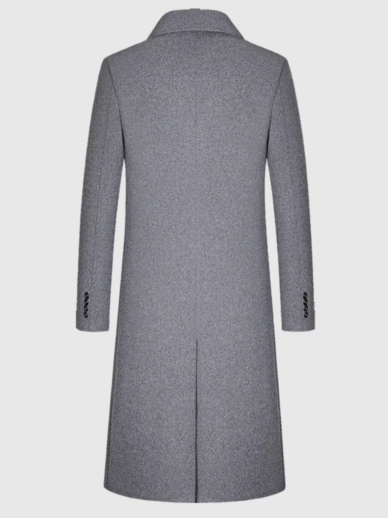 Men's classic dark gray button-up overcoat with buttoned cuffs and back vent.