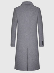 Men's classic dark gray button-up overcoat with buttoned cuffs and back vent.
