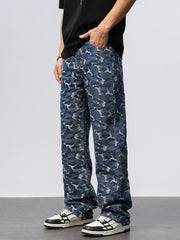 Relaxed fit blue cotton jeans with abstract camouflage pattern