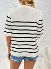Cream and black striped knit top with button shoulder detail and short sleeves