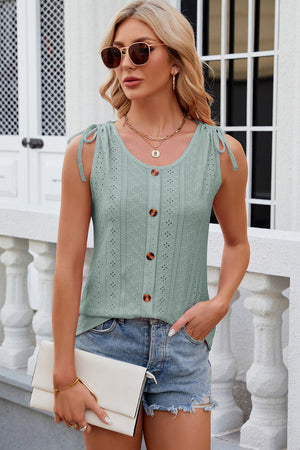Sage eyelet button-down tank top with tie shoulders and scoop neck