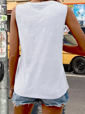 White V-neck tank top with pocket detail, casual basic style.