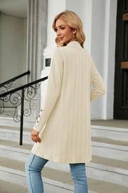 Ivory textured knit open-front duster cardigan with button cuff detail