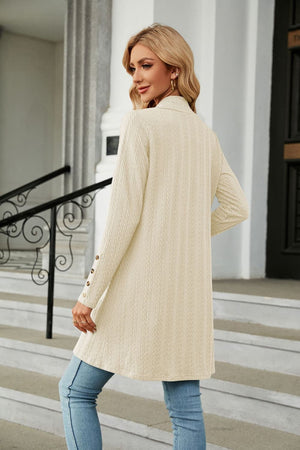 Ivory textured knit open-front duster cardigan with button cuff detail