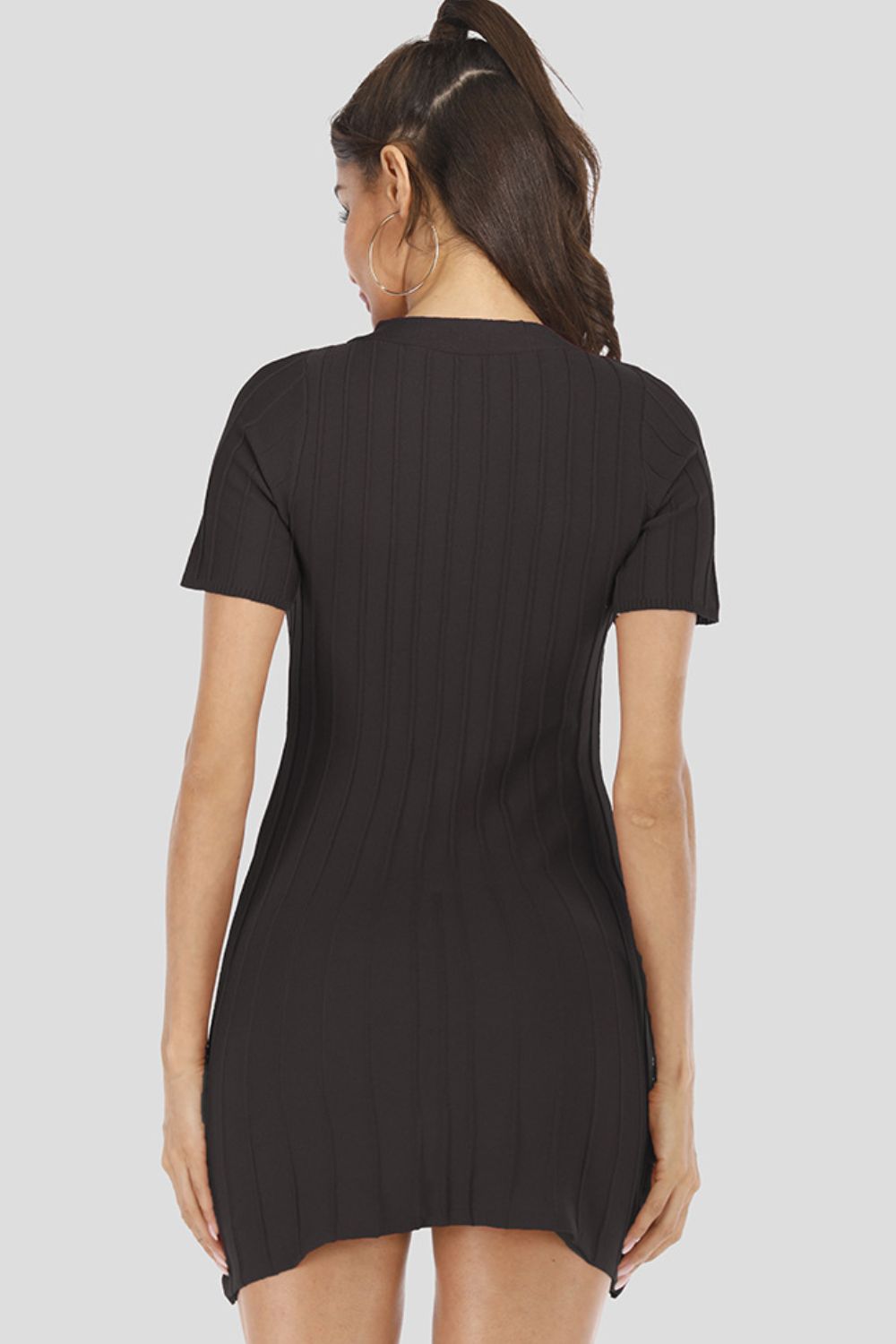 Black ribbed knit button-front mini dress with short sleeves.