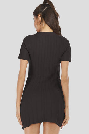 Black ribbed knit button-front mini dress with short sleeves.