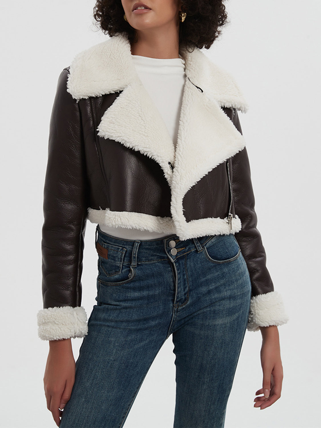 Brown cropped aviator jacket with white shearling trim and collar