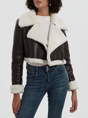 Brown cropped aviator jacket with white shearling trim and collar
