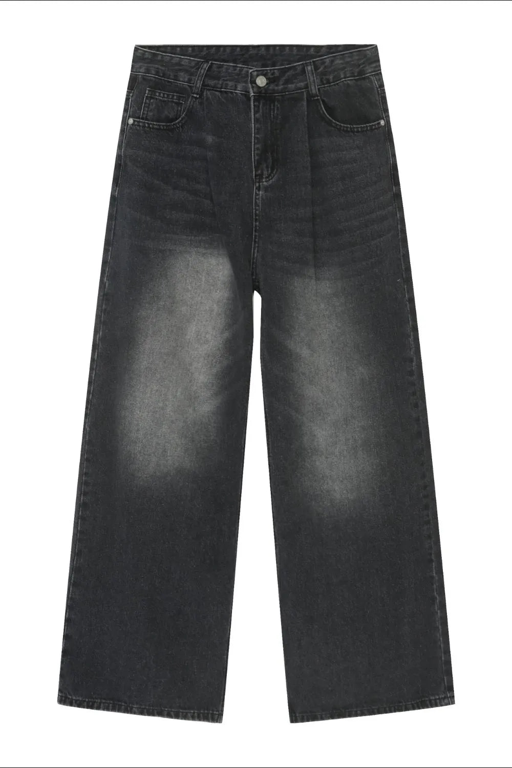 Black faded wash palazzo jeans with front pleats and wide legs.