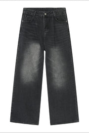 Black faded wash palazzo jeans with front pleats and wide legs.