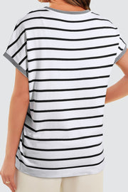 White and black striped boxy tee with contrast trim neckline and sleeves.