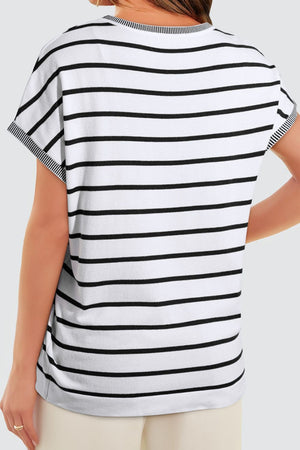 White and black striped boxy tee with contrast trim neckline and sleeves.