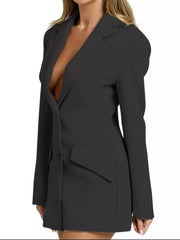 Black tailored lapel blazer dress with button and pocket detail.