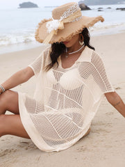 Open-knit polo beach dress in tan with short sleeves and a collared neckline.