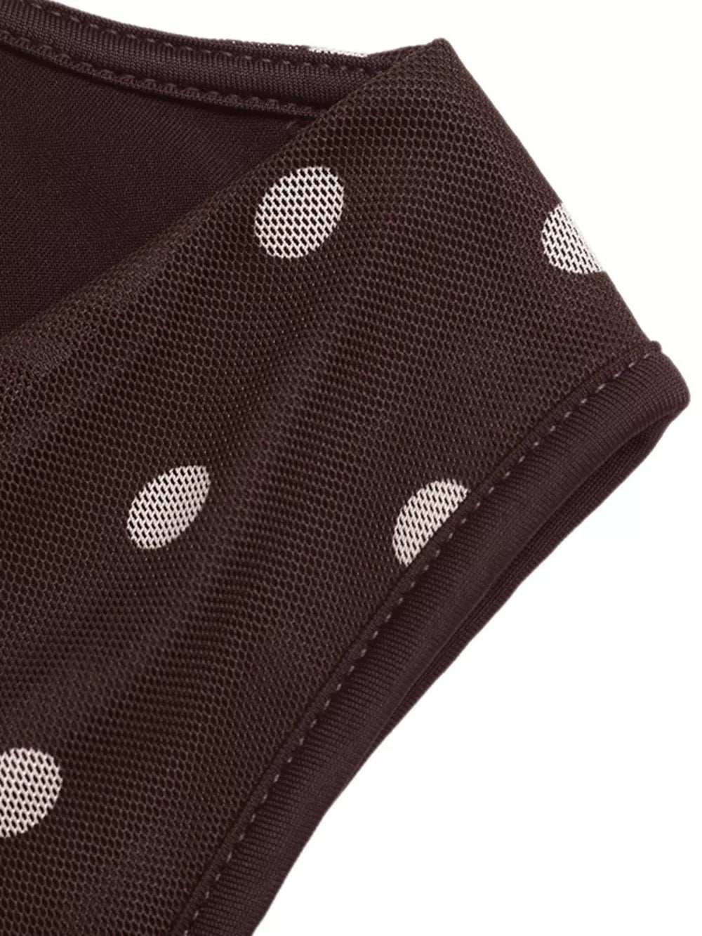 Brown polka dot mesh bodysuit with cowl neck detail