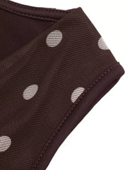 Brown polka dot mesh bodysuit with cowl neck detail