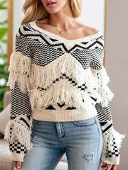 Beige geometric fringe sweater with V-neck and long sleeves, acrylic knit.