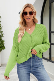 Yellow-green textured stitch cropped V-neck cardigan with button front.