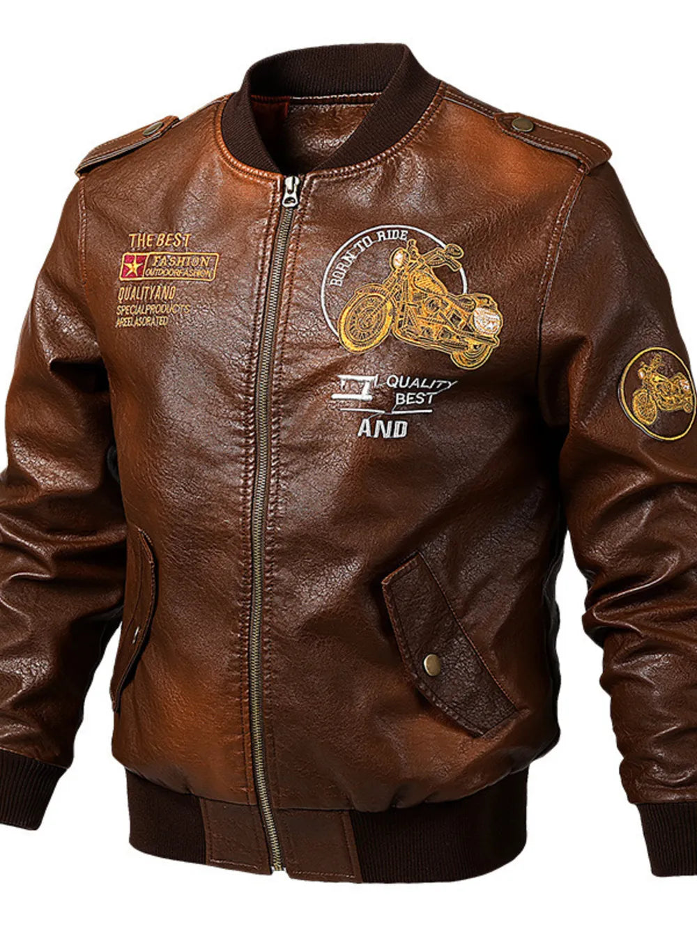 Men's Plus Size Vintage Motorcycle Faux Leather Bomber Jacket in Brown, front view