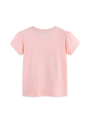 Childrens blush pink cotton t-shirt with short puff sleeves and unicorn graphic detail.