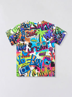 Toddler t-shirt with vibrant graffiti print, featuring cartoon characters, sunglasses, and boombox.
