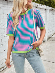 Striped knit tee with blue, pink, and lime green trim