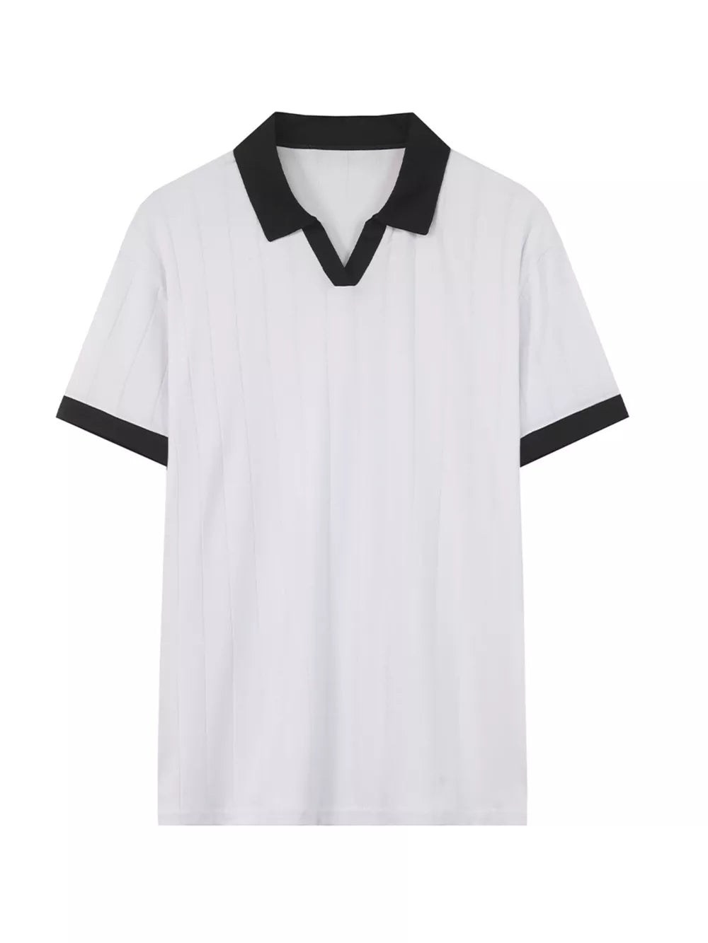 Men's white polo shirt with black contrast collar and sleeve trim, vertical texture detail.