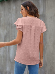 Flutter sleeve Swiss dot blouse in Dusty Pink with ruffled sleeves and a V-neck.
