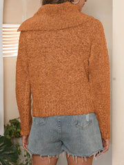 Tangerine textured knit sweater with a shawl collar and pearl buttons.