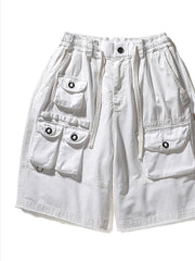White men's cargo shorts with multiple pockets and drawstring waist.