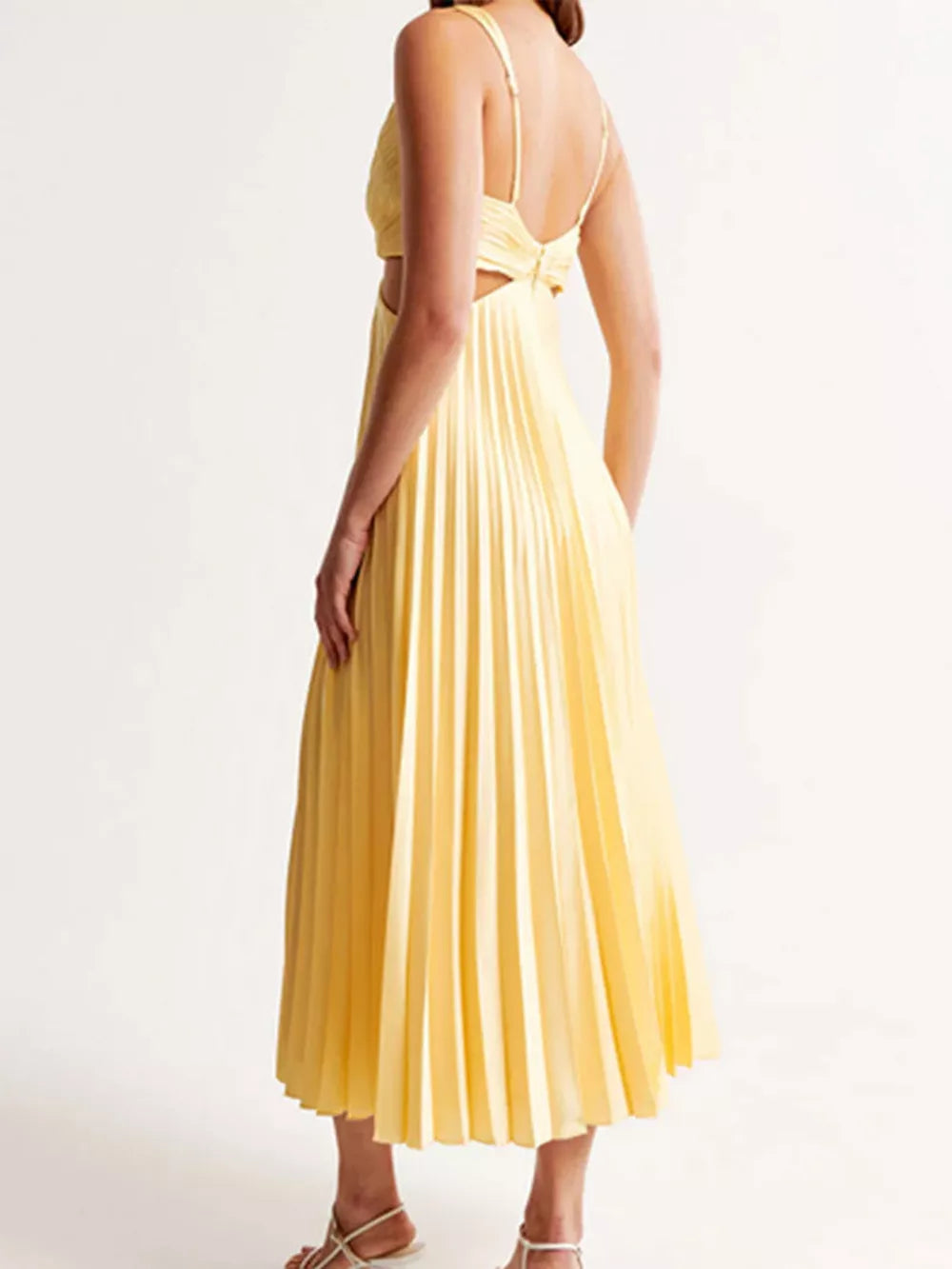 Elegant Pleated Midi Dress With Cut-outs in Red, close-up detail