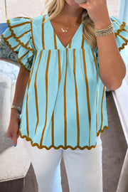 Light blue cotton blend blouse with brown stripes, V-neck, ruffled sleeves, and scalloped hem.