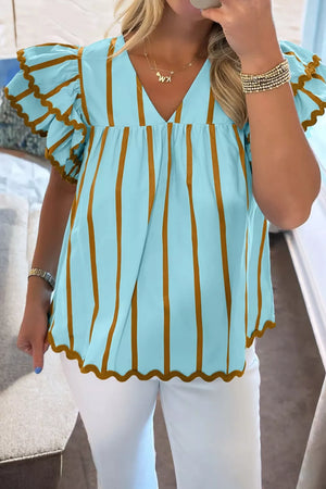 Light blue cotton blend blouse with brown stripes, V-neck, ruffled sleeves, and scalloped hem.