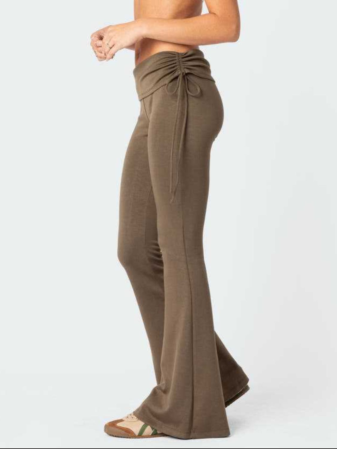 Drawstring waist flare trousers in coffee brown with a ruched detail and tie.