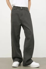 Dark gray wide-leg 100% cotton jeans with elasticated waistband and button closure.