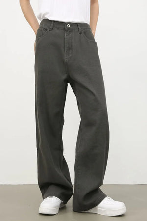 Dark gray wide-leg 100% cotton jeans with elasticated waistband and button closure.