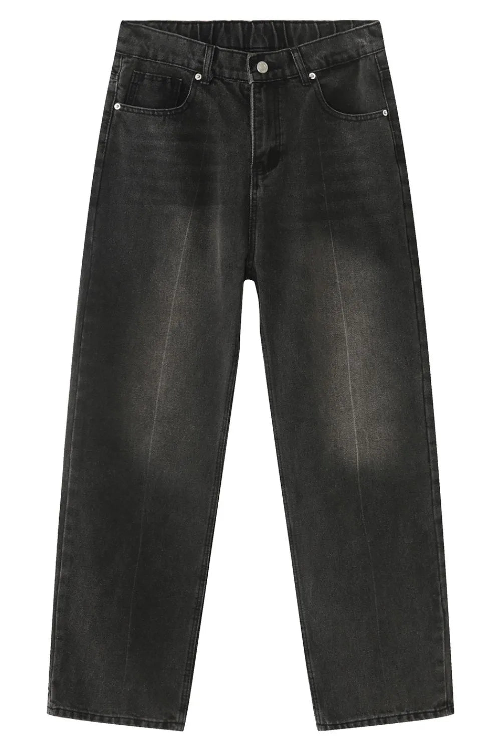 Dark wash denim jeans with pockets and a relaxed fit.