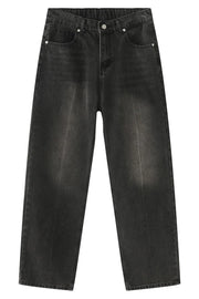 Dark wash denim jeans with pockets and a relaxed fit.