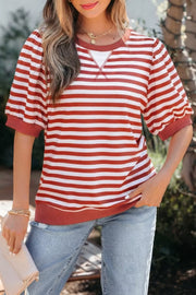 Red and white striped maternity t-shirt with puff sleeves and a crew neck.