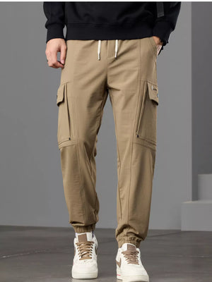 Men S Casual Cargo Pants With Drawstring Waist in Khaki, front view