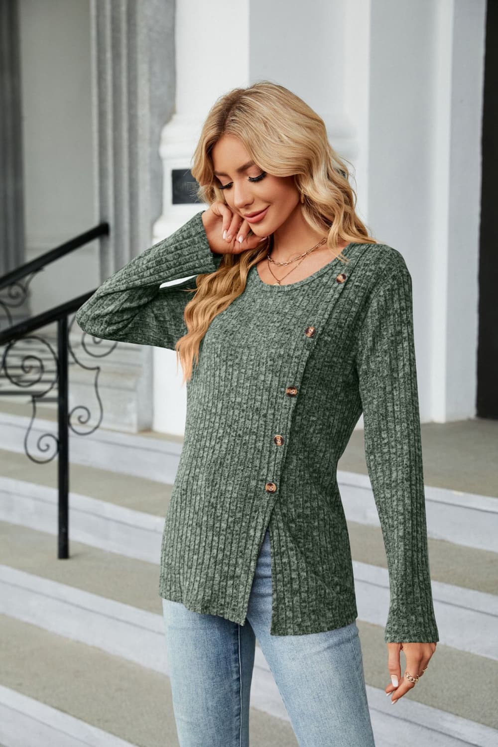 Army green ribbed long sleeve tunic top with asymmetric hem and button detail