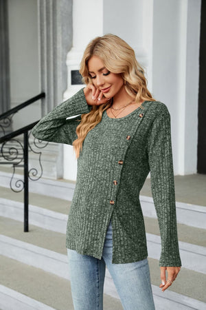 Army green ribbed long sleeve tunic top with asymmetric hem and button detail