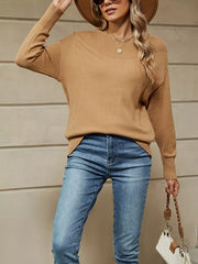 Ribbed Knit Dropped Shoulder Sweater in Light Gray, back view