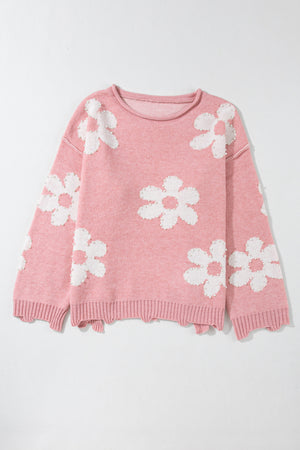 Blush pink knit sweater with white floral appliques and pearl details.