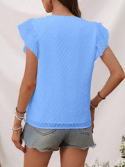 Sky blue textured chevron flutter sleeve blouse with sheer hem