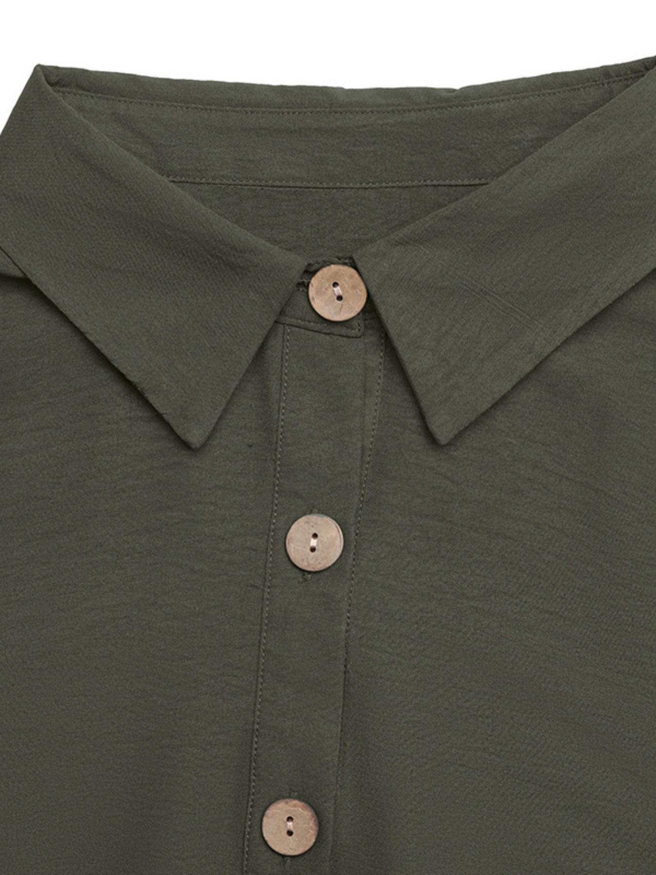 Button-down midi dress in olive green with collared neckline and wooden buttons.
