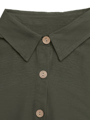 Button-down midi dress in olive green with collared neckline and wooden buttons.